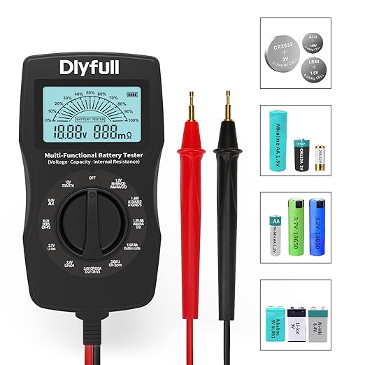 DLYFULL Batterietester Universal LCD Batterieprüfer Digital für Akku, Knopfzellen, 1.2V-12V, Innenwiderstand, Spannung, Kapazität