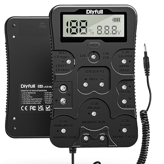 DLYFULL Universal Batterietester für AAA AA C D 9V CR123A CR2032, LCD Display für 1,5V und 3V Knopfzellen, Batteriemessgerät B4 Pro
