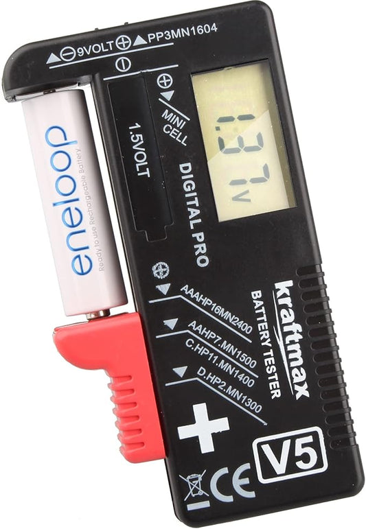 kraftmax Batterietester V5 (2021) - Akku & Batterie Testgerät für AA/AAA/C/D/Micro/Mignon/9V mit LCD-Display
