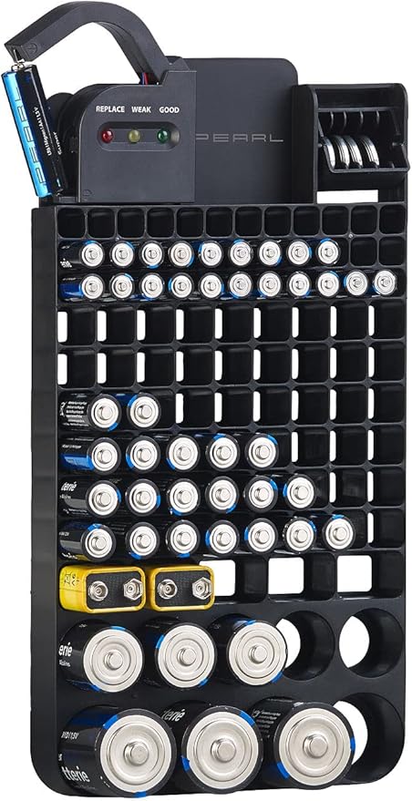 PEARL Batterie-Organizer für 110 Batterien mit abnehmbarem Tester, Wandmontage