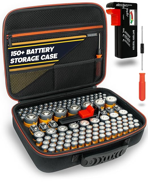 AKIELO Batteriebox mit Universal-Tester und Schraubendreher für über 150+ Batterien AA AAA C D 9V – Edition Max