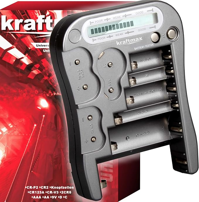 Kraftmax Batterietester V2 Professional LX5900 - Universal Batterie- und Akku-Testgerät mit LCD Display