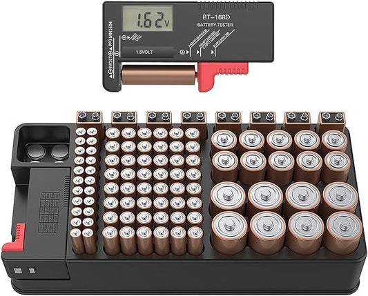 ABUNRO Batteriebox X110 mit digitalem Batterietester für AA, AAA, C, D, 9V & Knopfbatterien – Aufbewahrung für 110 Batterien