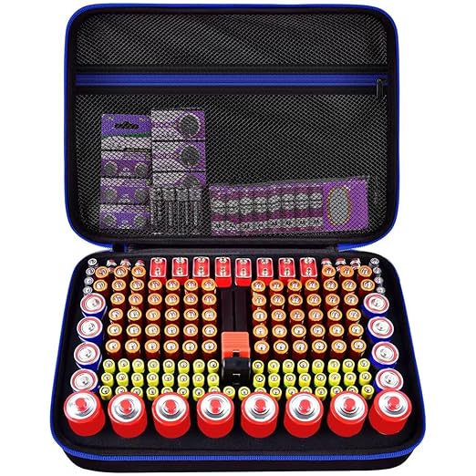 ALBONZER Batterietester-Organizer 612-B für 162+ AA AAA C D 9V Lithium Knopfbatterien mit Tester und Aufbewahrungskoffer - Blau