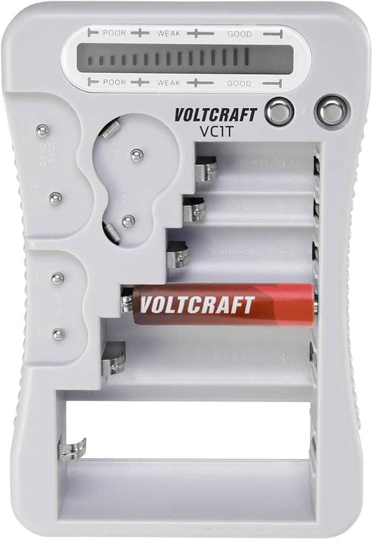 VOLTCRAFT Batterietester VC1T VC-12613270 für 1,5V/3V/6V/9V Batterien mit LC-Display und 12+ Typen