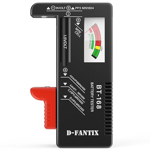 D-FantiX Batterietester HG118 für AA AAA C D 9V 1.5V Knopfzellen - Analoger Spannungsprüfer ohne Batteriebetrieb