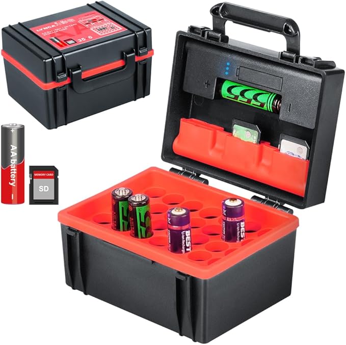shenzhenshi liyingjia sheyingqicai Co.,Ltd LYNCA Batterie-Organizer mit Tester für 35 AA-Batterien & 6 SD-Karten, wasserdicht, ABS-Gehäuse