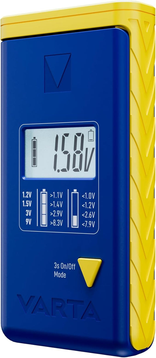 VARTA Batterietester LCD Digital für Batterien, Akkus und Knopfzellen inkl. 2x V13GA (LR44) – Testgerät für AA, AAA, C, D, 9V – 893101111
