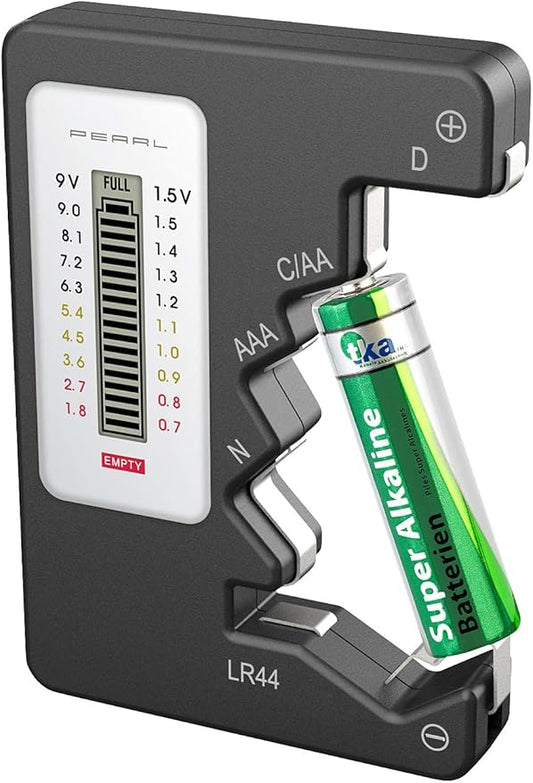 Pearl Digitaler Batterietester mit LCD Display für AA, AAA, C, D, 9V Block und Knopfzellen – kompakt und ideal für unterwegs – PEARL