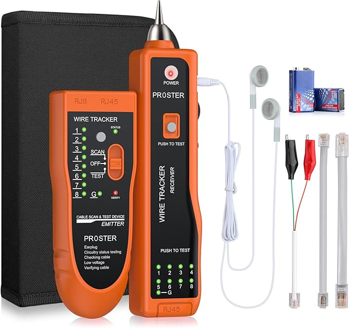 Proster RJ45 Netzwerkkabeltester mit Sender und Empfänger für LAN, Ethernet, BNC, RJ11 - Tonalarm, LED-Anzeige, Durchgangsprüfung