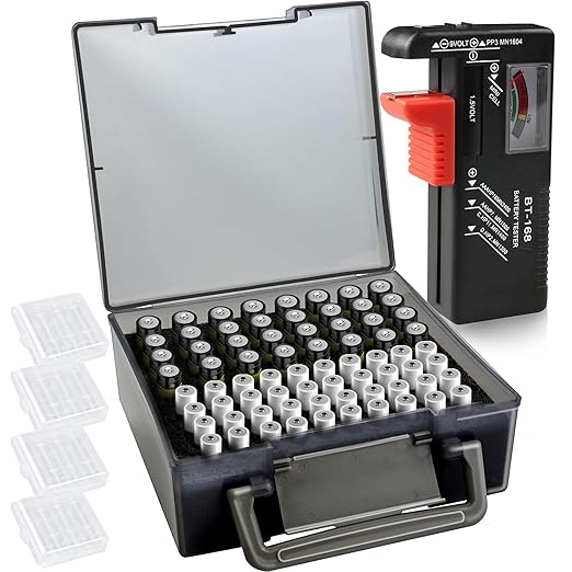 WZYTEU Batteriebox 72JDCSNH mit Schwammfutter für 72 AA AAA Batterien, inklusive Batterieprüfgerät und Kleine Box
