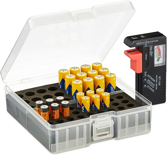 N/A Relaxdays Batteriebox mit Tester für 60 AA & AAA Batterien, transparent/schwarz, inkl. Ladestandsprüfer, 5,5 x 15 x 15,5 cm – 10046093