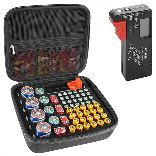 Linkidea Batterie-Organizer LI2582 mit digitalem Tester BT-168 für 63 Batterien AA AAA C D 9V – robuster EVA-Aufbewahrungsbehälter