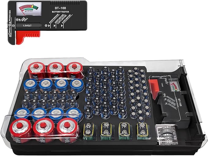 Vaileal Batterie Organizer 2025 für 93 Batterien (AAA, AA, C, D, 9V, Knopfzellen) 305x175x60 mm Aufbewahrungsbox