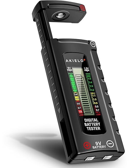 AKIELO Digitaler Batterietester mit LCD Anzeige – Universal für AAA, AA, C, D, 9V & 1,5V Knopfzellen