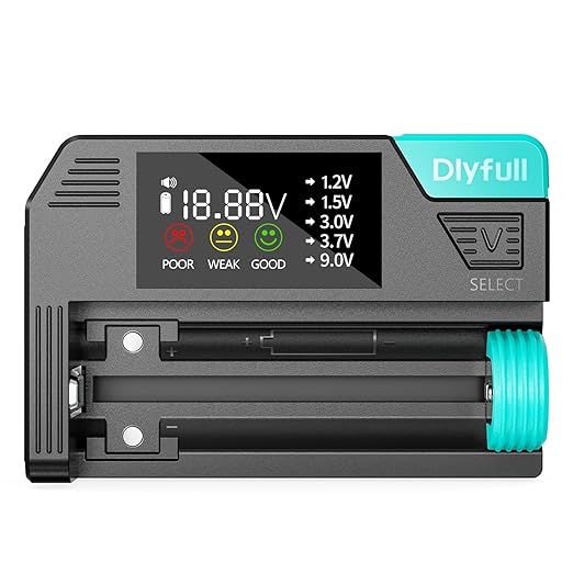 Dlyfull Batterietester USB-C für AAA AA C D 9V & Knopfzellen, magnetisch, LCD-Display, USB-C aufladbar