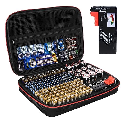 FDOUIGE Batteriebox Organizer BOR- mit Tester BT-168 für 200+ Batterien AA AAA C D 9V, stoßfester EVA-Koffer