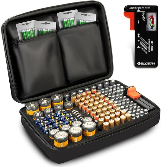 BLOSTM Batterie Organizer BL2311 mit Tester für 140 Batterien AAA AA 9V C D Knopfzellen - Robuste Aufbewahrungsbox