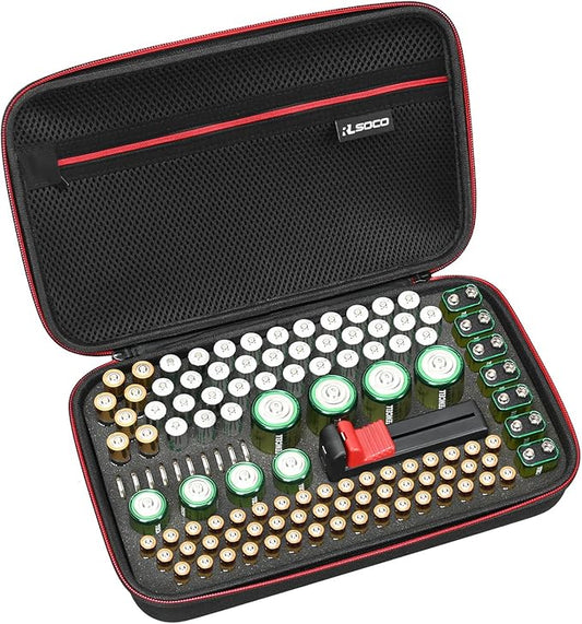 RLSOCO Batterie-Organizer Tasche für 120+ Batterien AA AAA C D 9V BT-168 - Harte Aufbewahrungsbox mit Testerfach – RLE
