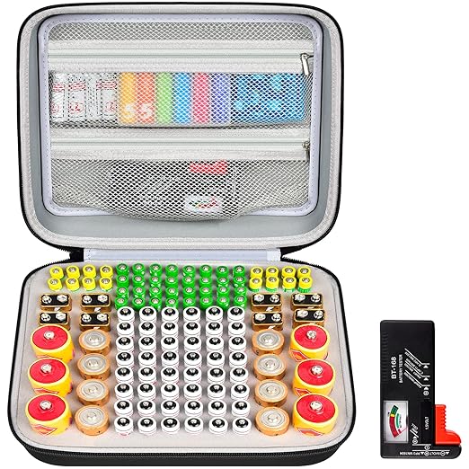 Againmore Batterie Organizer Aufbewahrungskoffer mit BT-168 Tester für 118+ AA AAA 9V C D Batterien – B09YQ3GJNG